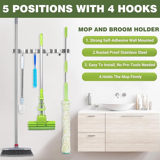 UNIFUN Broom Holder Wall Mount - Heavy Duty Stainless Steel Mop and Broom Organizer with 5 Racks 4 Hooks - Space Saving Storage for Kitchen Garage Garden - Easy Install Tool Hanger