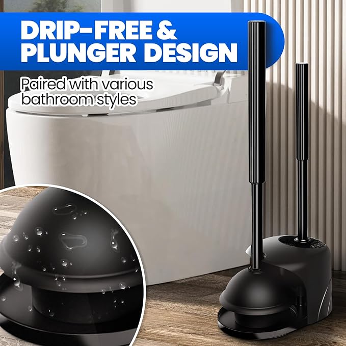 4-Piece Toilet Brush and Plunger Set, Extended Handle Plunger,Toilet Bowl Brush Plunger Set,Bathroom Cleaning Tools,Cleaning Brush,Cleaning Supplies,Toilet Brush Plunger Combo,Black（20inch）