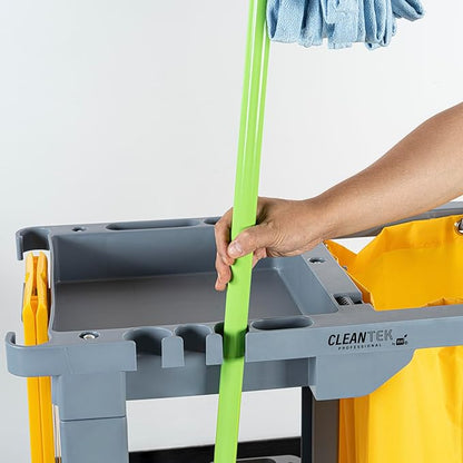 Restaurantware-Clean Tek Professional Janitor Cart with Wheels, 1 Cleaning Trolley with 18 Gallon Bag - 3 Shelves, Heavy-Duty, Gray Plastic Commercial Janitorial Cart, for Restaurants