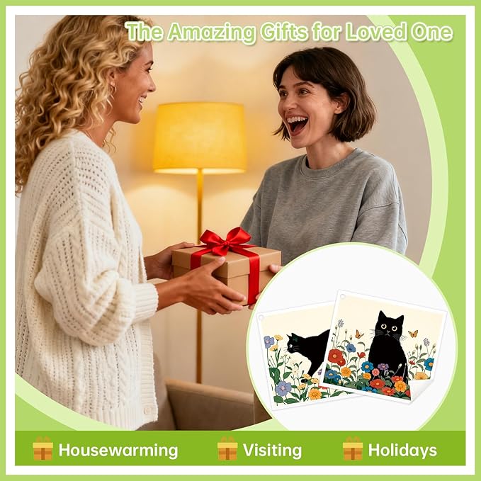 Black Cat Floral Flower Swedish Dishcloths for Kitchen, 5 Pack Reusable Paper Towels with 3 Hooks, Washable Dish Cloth Set, Absorbent Cleaning Cloth for Washing Housewarming Gifts for Friend