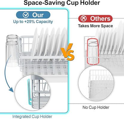 GSlife Expandable Dish Drying Rack for Kitchen Counter, 12-20.5 Inch Compact Dish Rack with Drainboard, Swivel Spout, Cup & Utensil Holder, Rust-Resistant Dish Drainer for Small Kitchen, RV, White