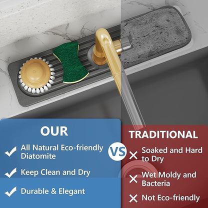 24'' Longer Stone Faucet Mat for Kitchen Sink [Super Absorbent, 30s Quick Drying] Water Absorbing Stone Tray for Sink Stone Mat for Kitchen Sink Stone Quick Dry Around Faucet Diatomite Stone Sink Tray