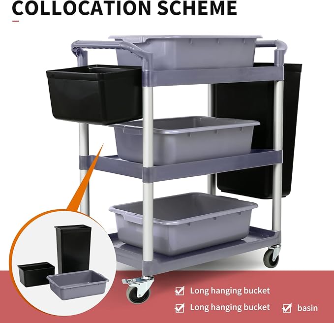 3-Tier Utility Rolling Cart with Wheels, Durable Catering carts with Wheels, Rolling Storage Cart for Hotel Canteen Resturant Office (Gray, 31.4" D x 16.5" W x 37.7" H)