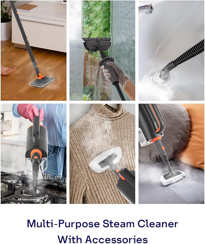 Steam Mop Cleaner with Detachable Handheld Steamer, 14 in 1 Multiple Accessories, Washable Microfiber Pads, 350ml and 2 Adjustable Levels for Home Floor, Tiles, Carpet and Grout Cleaning