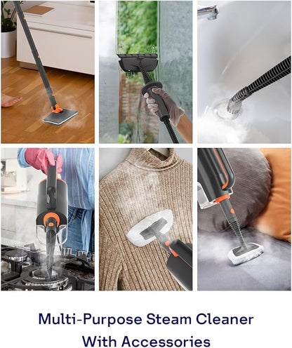 Steam Mop Cleaner with Detachable Handheld Steamer, 14 in 1 Multiple Accessories, Washable Microfiber Pads, 350ml and 2 Adjustable Levels for Home Floor, Tiles, Carpet and Grout Cleaning