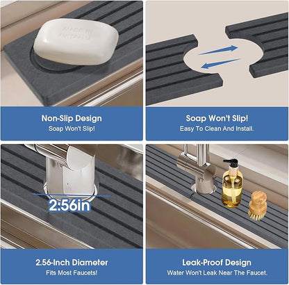 Stone Faucet Mat for Kitchen Sink with Raised Feet, Durable Diatomite Fast-Drying Stone Tray, Non-Slip Decorative Sink Protector for Kitchen Bathroom Counter, Easy Clean, Pure black, 30" x 4"