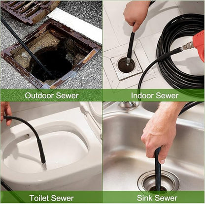 West Bay 200FT Sewer Jetter Kit for Pressure Washer, 5800PSI Drain Cleaner Hose 1/4 Inch NPT, Corner, Rotating and Button Nose Sewer Jetting Nozzle Waterproof Tape Pearl Corsage Pin with 2Pcs Spanner