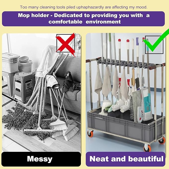 SARKEY Mobile Broom Mop Holder,Mobile Cleaning Trolley,Freestanding Housekeeping Storage,Solves The Problem Of Dripping Mops And Wet Floors,For Garden,Schools,Hotels(100x40x110cm(39x16x43in))