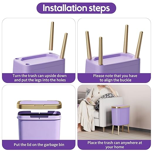 Procade 4 Gallon Bathroom Trash Can with Lid, Small Purple Garbage can with Pop-Up Lid and Legs, Tall Plastic Dog Proof Trash Bin,Narrow Waste Basket for Bedroom,Toilet, Office, rv, Living Room
