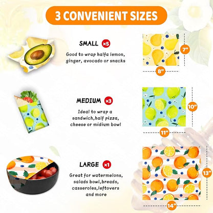 Reusable Beeswax Wrap - 9 Pack, Beeswax Wraps for Food, Eco-Friendly Beeswax Food Wrap, Organic, Sustainable, Biodegradable, Zero Waste, Plastic-Free Food Storage (1L Orange | 3M Lemon | 5S Pear)