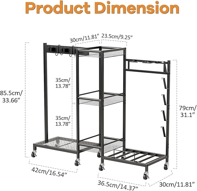 YOXIER Heavy Duty Rolling Tool Cart & Broom Organizer - 3-Tier Steel Cleaning Caddy Cart for Garage Organization Next to Garage Cabinets. Freestanding Rack Beats Any Broom Hanger Wall Mount Black