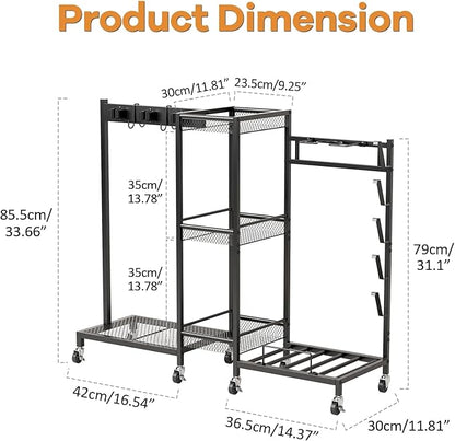 YOXIER Heavy Duty Rolling Tool Cart & Broom Organizer - 3-Tier Steel Cleaning Caddy Cart for Garage Organization Next to Garage Cabinets. Freestanding Rack Beats Any Broom Hanger Wall Mount Black