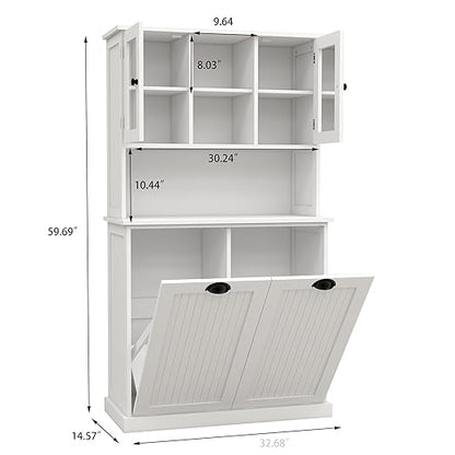 RASOO Tilt-Out Laundry Cabinet White Tall Bathroom Storage Cabinet Laundry Hamper with 2 Baskets and 3 Cabinets Upper Glass Doors Storage Cabinet