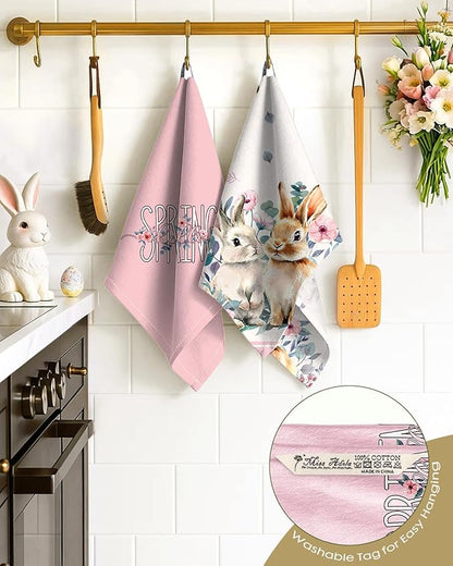 Miss Adola Easter Kitchen Towels Set of 2 - Flour Sack Tea Towels with Hanging Loop 18x26 Inch Spring Rabbit Pink Flowers Hand Dish Cloths Reusable Dishcloths Cute Easter Decor