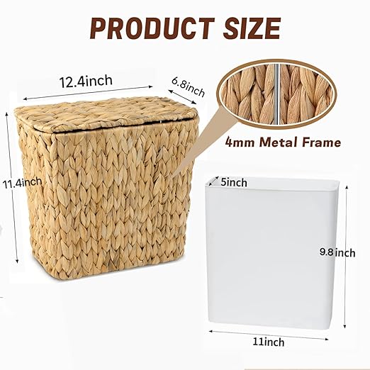 Wicker Trash Can,2.5 Gallon Bathroom Trash Can with Lid,Natural Water Hyacinth Wicker Waste Basket with Removable Liner, for Bedroom, Toilet, Narrow Spaces