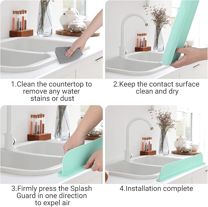 19.3 inch Kitchen Sink Splash Guard, Silicone Sink Baffle Splash Guard, Backsplash Protector for Kitchen Countertop & Bathroom Bathtub with Non-Slip Strong Suction, Mint Green