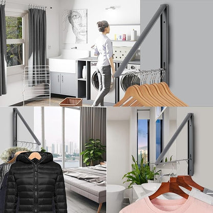 Foldable Clothes Drying Rack, Wall Mounted Retractable Drying Rack Clothes Hanger, 0.43'' Thickness Space Saving Laundry Racks and Closet Organizer, Aluminum (Dark Gray)
