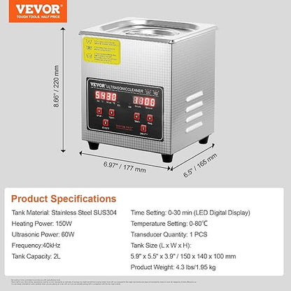VEVOR Sonic Cleaner with Digital Timer & Heater, Professional Ultra Sonic Parts Cleaner, Stainless Steel Heated Cleaning Machine for Glasses Watch Rings Jewelry Circuit Board (2L)