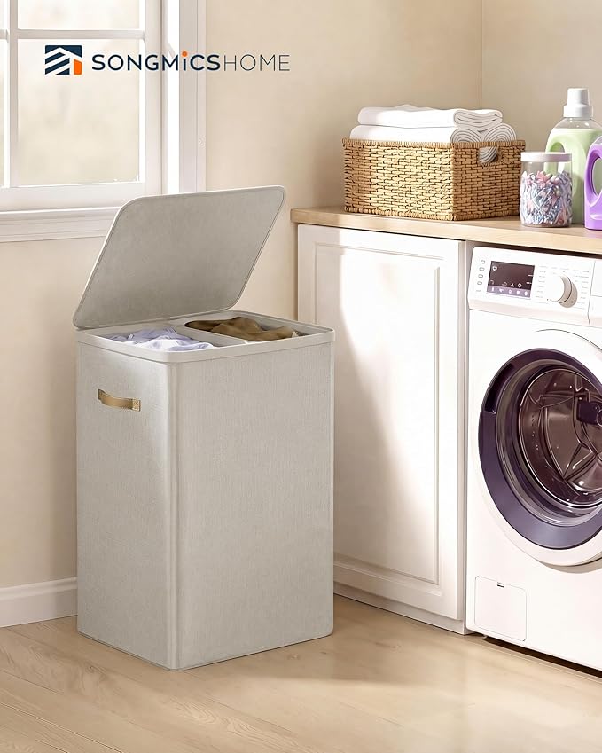 SONGMICS HOME Laundry Hamper with Lid, 2 Section Laundry Basket with Removable Liners and Handles, Foldable Clothes Sorter for Bedroom, Bathroom, Beige