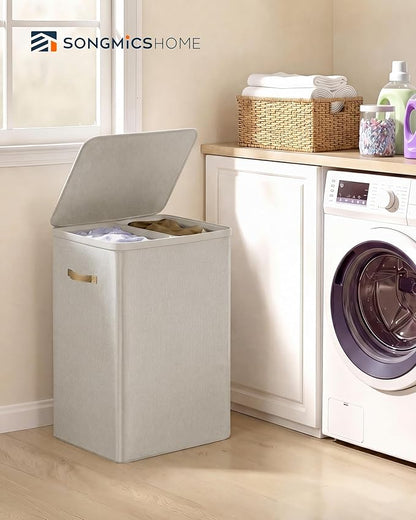 SONGMICS HOME Laundry Hamper with Lid, 2 Section Laundry Basket with Removable Liners and Handles, Foldable Clothes Sorter for Bedroom, Bathroom, Beige