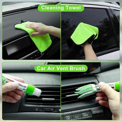 Green Windshield Cleaner Tool, 17Pcs Car Interior Cleaning Kit, Detailing Kit Interior Cleaner, Car Detailing Brushes, Cleaning Gel, Inside Cleaning Accessories for Trucks, SUVs, RVs Window