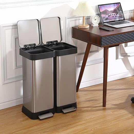 GarveeHome 16 gal Step-Open Dual Trash and Recycling Bin with Soft-Close Lid, Modern, Minimalistic for Home, Kitchen, Laundry Room, Office, Bedroom, Bathroom, Without Inner Bucket, 60 L(2x30 L)