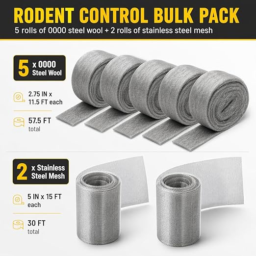 Steel Wool Bulk - 5 Pack 2.75 in x 11.5 Ft Steel Wools & 2 Pack 5 in x 15 Ft Stainless Wire Mesh, Mouse Hole Filler for House & Garden, Fine SteelWool for Polishing Chrome, Glass