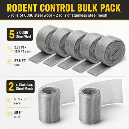 Steel Wool Bulk - 5 Pack 2.75 in x 11.5 Ft Steel Wools & 2 Pack 5 in x 15 Ft Stainless Wire Mesh, Mouse Hole Filler for House & Garden, Fine SteelWool for Polishing Chrome, Glass