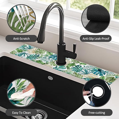 2PCS 24" X 5.5" Kitchen Sink Splash Guard Faucet Mat Leaf Super Absorbent Fast Drying Faucet Guard & Draining Mat Sink Splash Guard Behind Faucet for Kitchen, Bathroom