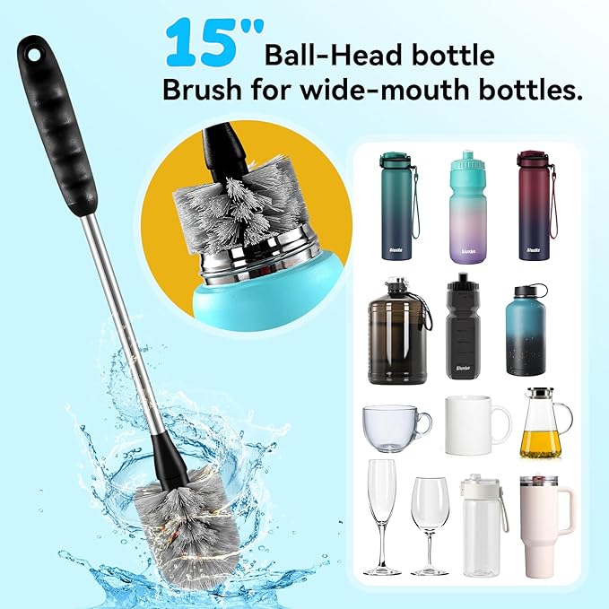 SLUXKE Bottle Brush Set with Straw Cleaner Brush and 3 in 1 Cup Lid Cleaning Brush, Bottle Brush Cleaner with Long Handle for Cleaning Cup, Water Bottles, Tumblers, Baby Bottles