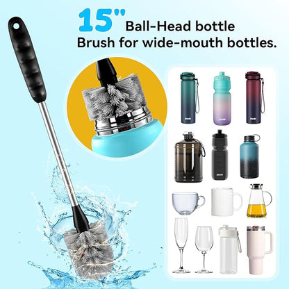 SLUXKE Bottle Brush Set with Straw Cleaner Brush and 3 in 1 Cup Lid Cleaning Brush, Bottle Brush Cleaner with Long Handle for Cleaning Cup, Water Bottles, Tumblers, Baby Bottles