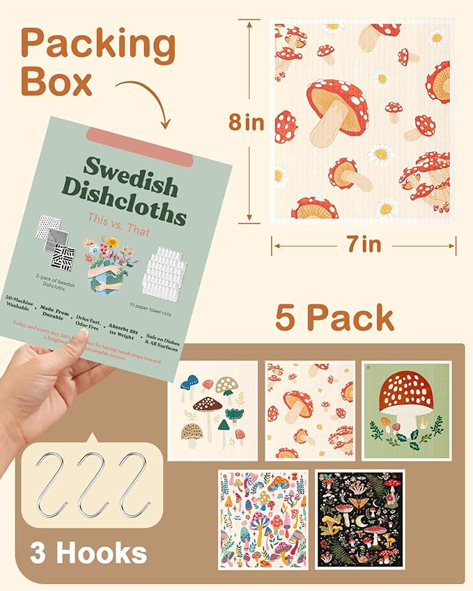Miss Adola Swedish Dishcloths for Kitchen with Hooks - Reusable Dish Cloths for Washing Dishes Fast Drying Cute Fun 5 Pack Swedish Dish Towels Washable Cleaning Sponge, Swamm Series