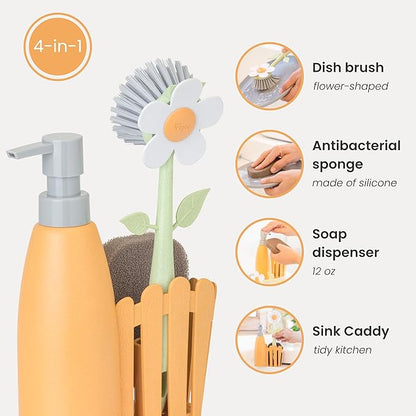 Vigar Florganic Kitchen Sink Caddy Set with Dish Soap Dispenser - Sponge Holder, Decorative Flower Dish Brush & Sponge, Kitchen Sink Organizer, Brush Holder and Soap Caddy for Countertop - Orange