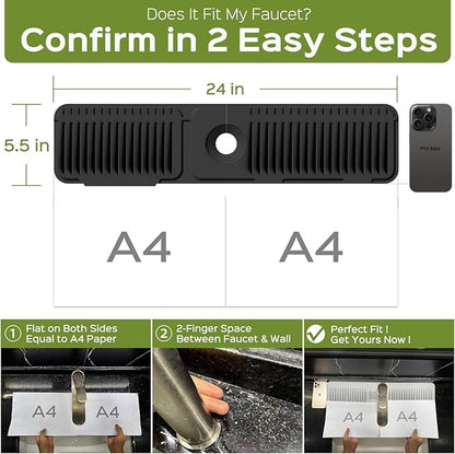 24 Inch Silicone Faucet Mat for Kitchen Sink Splash Guard – Upgraded Draining Mat with Water Tray Behind Faucet – Countertop Protectors to Catch Spills (Black, 24" x 5.5" )