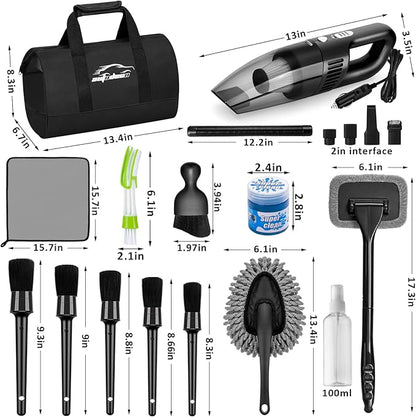 Car Cleaning Kit, Car Vacuum Interior Detailing Cleaner Kit with High Power Handheld Vacuum, Brush Set, Windshield Tool, Duster, Towels, Complete Car Care Tools for Women (Black)