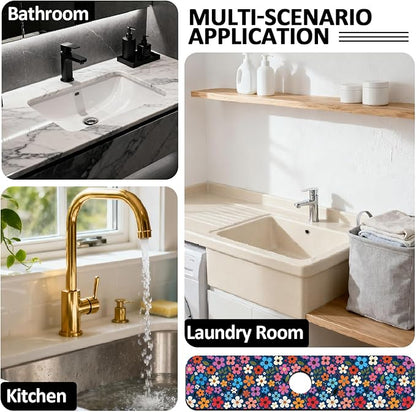 2 Pcs Floral Print Kitchen Sink Splash Guard Faucet Mat Plants Floral patterns Faucet Mat for Sinks Absorbing Drying Mats for Kitchen Bathroom, 23.6x5.5inch