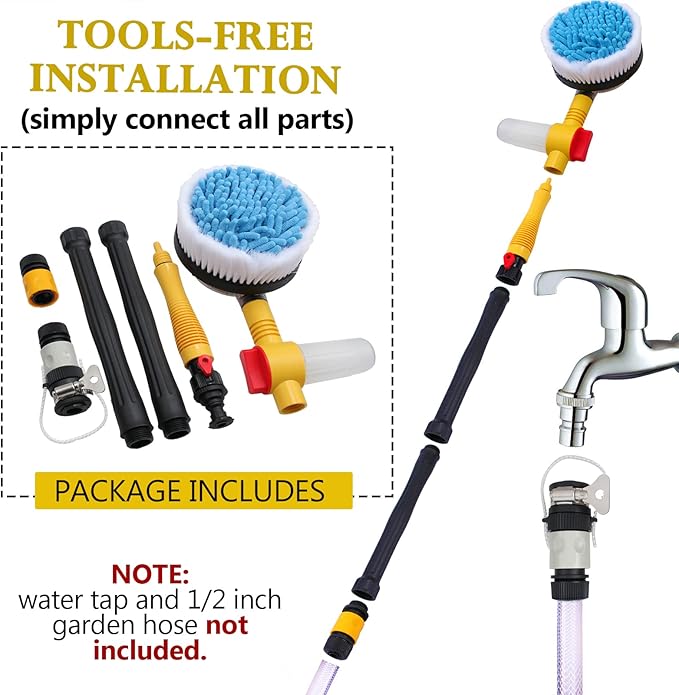 Automatic Rotating Car Wash Brush with Soap Dispenser, Soft Chenille Car Washing Brush Spin Mop Garden Hose Brush Foam Spray Gun Exterior Car Cleaning Brush Kit (Detachable Long Handle)