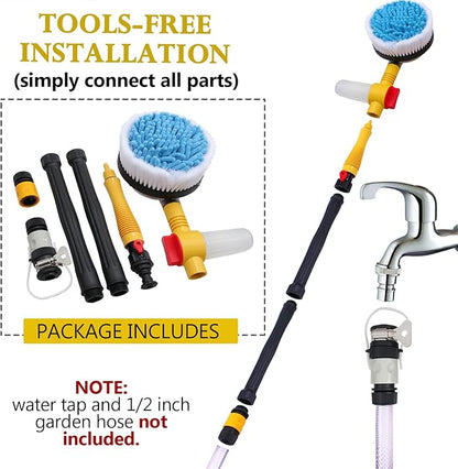 Automatic Rotating Car Wash Brush with Soap Dispenser, Soft Chenille Car Washing Brush Spin Mop Garden Hose Brush Foam Spray Gun Exterior Car Cleaning Brush Kit (Detachable Long Handle)