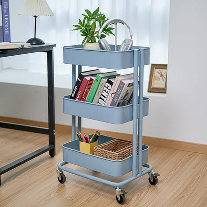 3 Tier Rolling Cart Metal Heavy Duty Utility Cart with Silent Caster Lockable Wheels Multi-Functional Organization Carts Storage Trolley with Mesh Shelves for Office Kitchen Living Room Blue