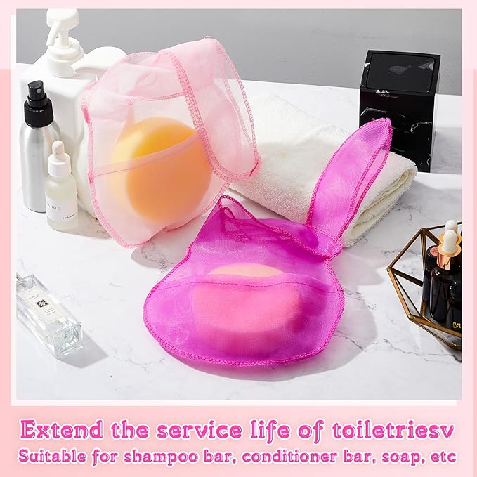 Nuanchu 2 Pcs Shampoo Bar Holder Bag Soap Saver Bag Beauty Shampoo Conditioner Bar Pouch Rabbit Shape Travel Soap Holder Loofah Bubble Foam Net Savers(Light Pink, Rose Pink,S)