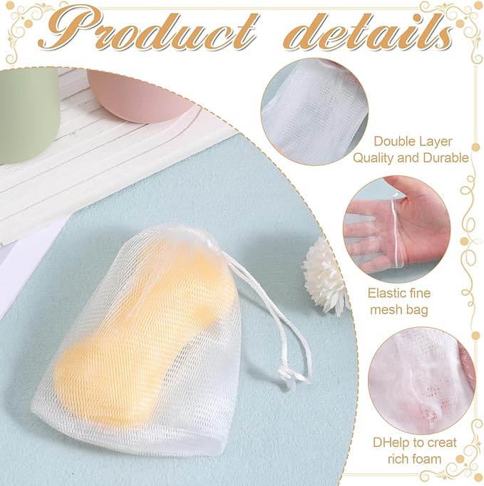 40 PCS Mesh Soap Bags, Exfoliating Soap Pouch with Drawstring, Bubble Mesh Net Bags Soaps Bag for Shower and Face Cleansing, White