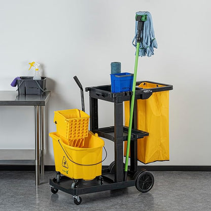 Restaurantware-Clean Tek Professional Janitor Cart with Wheels, 1 Cleaning Trolley with 18 Gallon Bag - 3 Shelves, Heavy-Duty, Black Plastic Commercial Janitorial Cart, for Restaurants