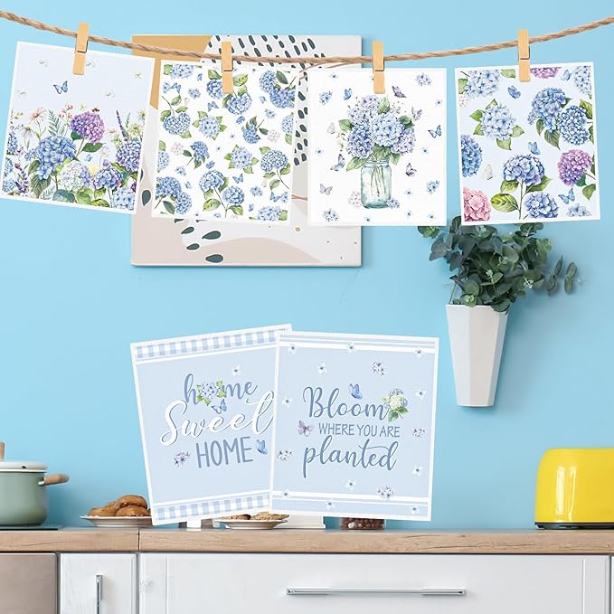 Floral Swedish Dishcloths for Kitchen, 6 Pack Blue Hydrangea Reusable Dish Paper Hand Towels Housewarming Gifts, Spring Absorbent Dish Rags for Home Cooking Cleaning