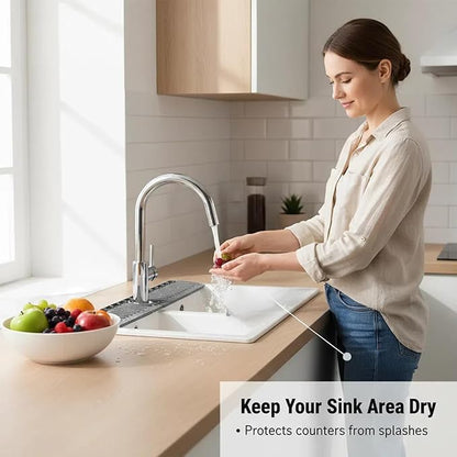 30 Inch Silicone Kitchen Sink Faucet Mat, Adjustable Waterproof Splash Guard Draining Mat Keep Countertops Dry (White)