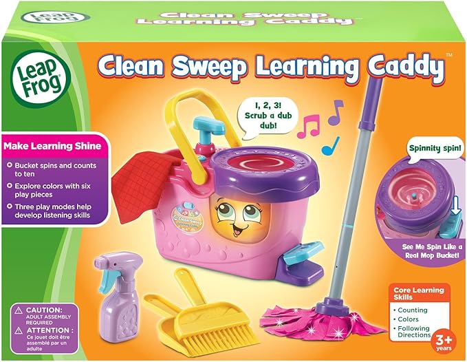 LeapFrog Clean Sweep Learning Caddy, Kids Mop and Broom Cleaning Toy Set for Ages 3-5, Pink