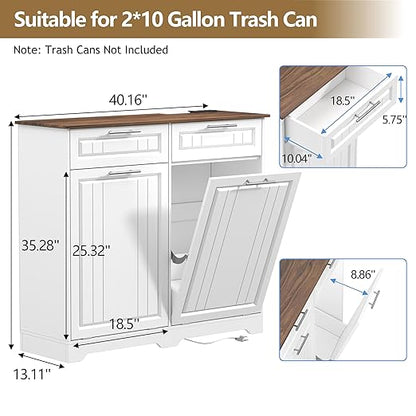 Double 10 Gallon Tilt Out Trash Can Cabinet with Deodorizing Function and Power Outlet, Wooden Hidden Garbage Can Holder with 2 Storage Drawers for Kitchen, Laundry Hamper Cabinet for Bathroom, White