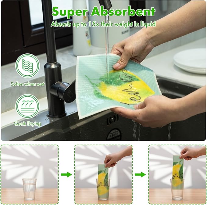 Swedish Dishcloths for Kitchen, 6 Pack Lemon Swedish Dish Towels with Clips, Reusable Paper Towels Washable Non-Scratch Super Absorbent Cellulose Sponge Cloths, Biodegradable No Odor