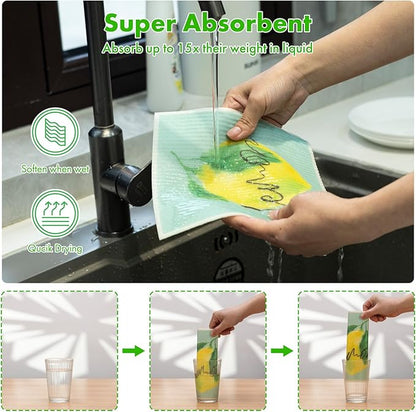 Swedish Dishcloths for Kitchen, 6 Pack Lemon Swedish Dish Towels with Clips, Reusable Paper Towels Washable Non-Scratch Super Absorbent Cellulose Sponge Cloths, Biodegradable No Odor