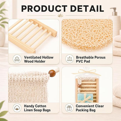 Threehoney 72 Pcs Soap Saver Set Including Wooden Dish Exfoliating Bag Saver Pads Bulk with 100 OPP Transparent Bags 2 Bundles Paper Ropes for Wedding Homemade Gift Mother‘S Day(Wood Color)