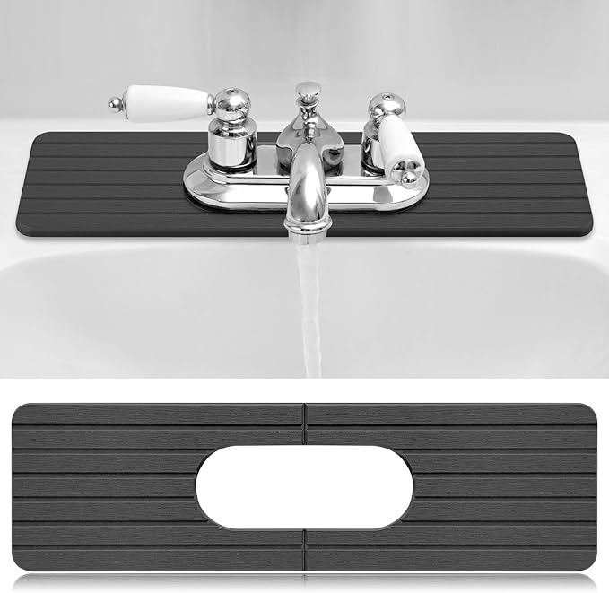 Teenyyou an Oval Hole Gray Faucet Mat for Kitchen Sink Bathroom 17.32" x 4.6" Kitchen Faucet Absorbent Mat Diatomite Splash Guard Quick Drying Stone Drip Catcher Hole 6.22 " x 2.28"